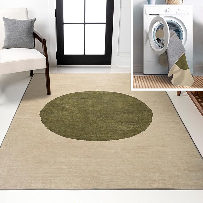 JONATHAN Y Machine Washable Cream/Green Indoor Area Rug 4X6 ft, Cirkel Minimalist Geometric Dot for Living Room, Bedroom, Kitchen, Office, Easy-Cleaning, Pet-Friendly, Non-Shedding WSH113C-4