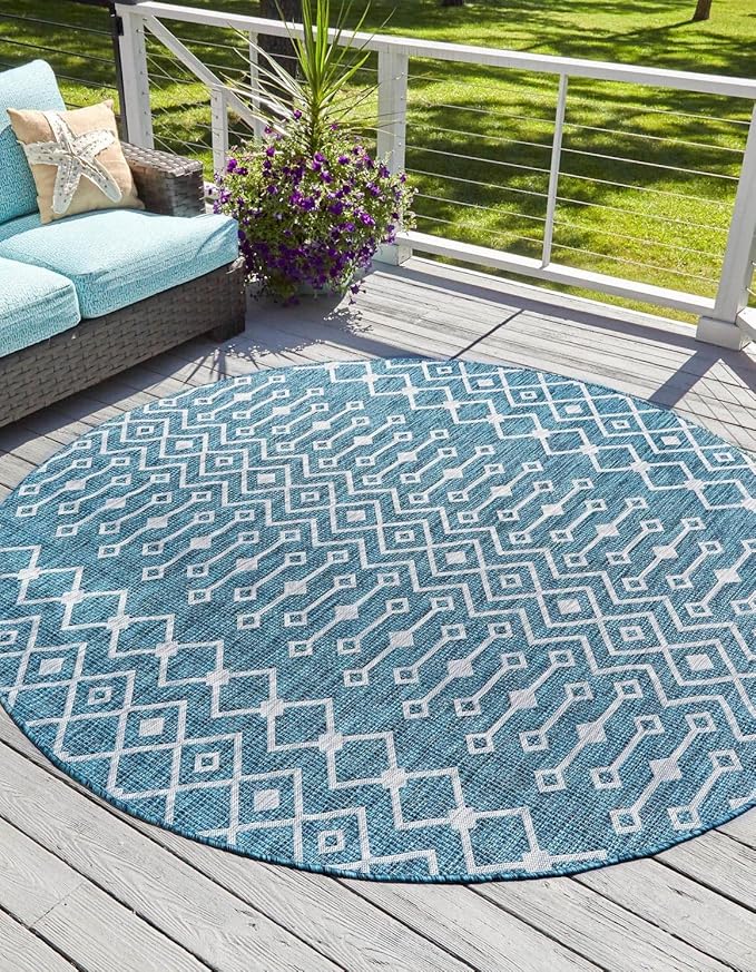 Unique Loom Outdoor Trellis Collection Area Rug - Tribal Trellis (10' Round Teal/Ivory)