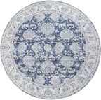 jinchan Fiora Round Rug 4ft Area Rugs Vintage Floral Distressed Design - Machine Washable Non-Slip Low-Pile Ultra-Thin Circle Rug for Entryway Bedside Living Room Bedroom (4' Round, Dark Blue)