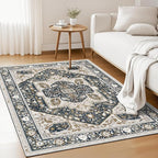EnHomee 3x5 Washable Area Rugs for Bedroom, Boho Vintage Rugs, Foldable Area Rug for Dining Room, Non-Slip Soft Living Room Rug, Low Pile Large Carpet for Bathroom, Blue and Brown