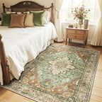 Area Rugs 4'x6' Washable Non-Slip, Floral Vintage Distress Print Pattern Medallion Carpet for Living Room Bedroom Dining Room, Brick Red Rust Neutral Brown Burnt Orange Green