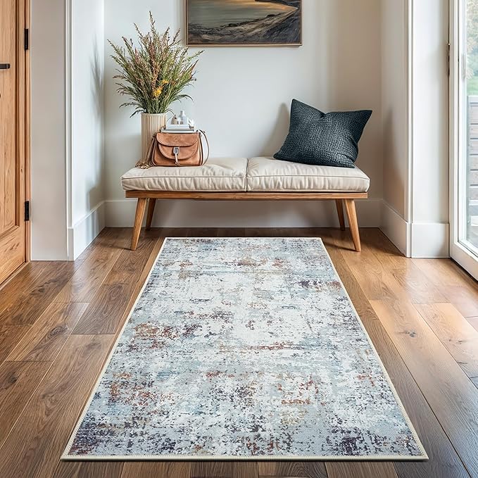 GLN Rugs Contemporary Collection - Machine Washable Area Rug, Contemporary Washable, Non Slip, Low Pile Chenille Rug, Living Room, Bedroom, Kitchen Rug (2'6" x 7' White/Grey/Blue/Brown)