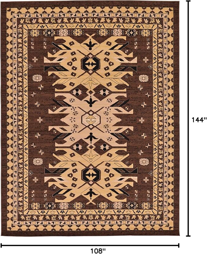 Unique Loom Taftan Collection Border Geometric Tribal Inspired Design Area Rug (9' 0 x 12' 0 Rectangular, Brown/ Tan)
