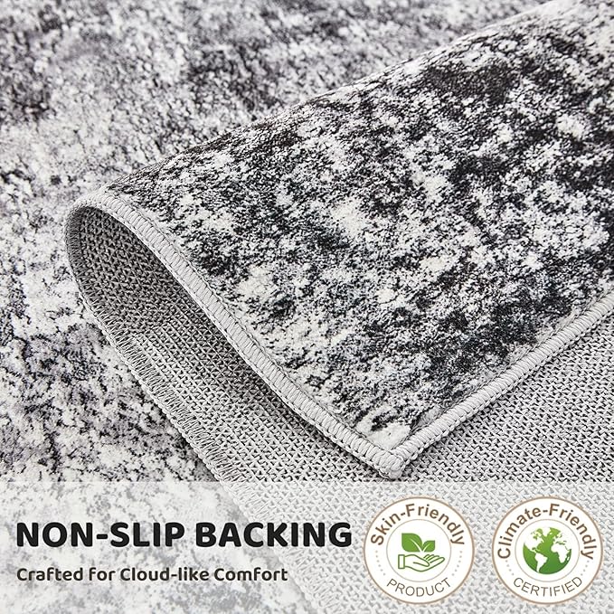 Washable Runner Rug for Hallway: 3x12 Neutral Modern Abstract Low Pile Area Rug with Non-Slip Backing - Carpet for Bedroom Kitchen Laundry Entryway Bathroom Indoor - Grey