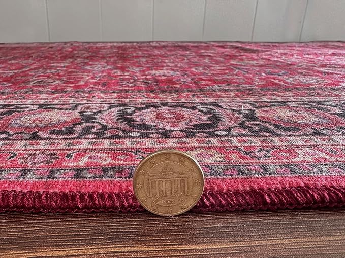 GLN Rugs Traditional Collection - Machine Washable Area Rug, Traditional Washable, Non Slip, Low Pile Chenille Rug, Living Room, Bedroom, Kitchen Rug (5'3" Round Dark Red)