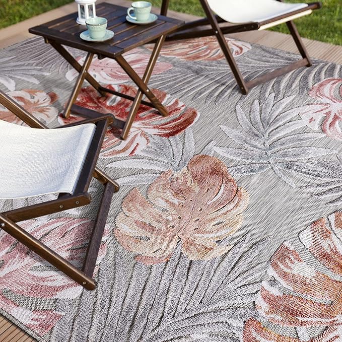 CAMILSON Indoor Outdoor Rug, Multi 4x6 Leaf Tropical Botanical Area Rugs for Indoor and Outdoor patios, Easy-Cleaning Non-Shedding Living Room, Garden and Kitchen Washable Outside Carpet (4 x 6)