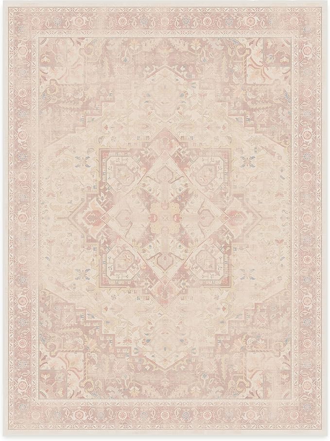 RUGGABLE Washable Area Rug – Kamran Soft Pink 9x12, Stain-Resistant, Non-Slip – Large Machine Washable Rugs for Living Room, Bedroom, Hallway, Entryway & Office–with Cushioned Pad