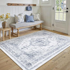 Area Rug 5x7 Washable Blue Rug Vintage Boho Medallion Large Distressed Retro Carpet for Living Room Non Slip Indoor Low Pile Small Soft Bedroom Dining Room Home Office