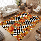Pumpkin Area Rugs, 3x5ft, Fallen Leaves Autumn Harvest Pumpkins Black and White Checkered Rug, Ultra-Thin Rubber Non Slip Geometric Carpet for Living Room Playroom