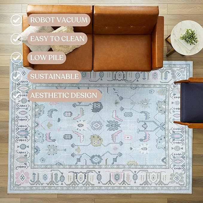 Fame Living Cream Blue Oushak Rug, Modern Small Rugs, Vintage, Turkish, Eclectic, Floral, Pastel, Washable, Door Mat, Doormat for Indoor Entrance, Entryway, Kitchen, Bathroom, Bedroom, Laundry, 2'x3'