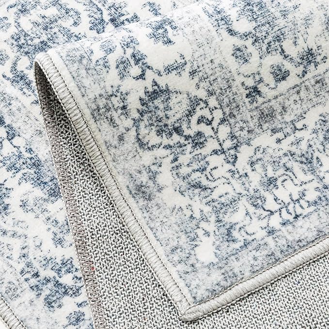 Navy Blue Area Rug 5x7 Machine Washable Vintage Living Room Distressed Non Slip Carpet Traditional Indoor Bedroom Retro Floral Accent Throw Large Rug for Office Kitchen Bathroom Dining Room