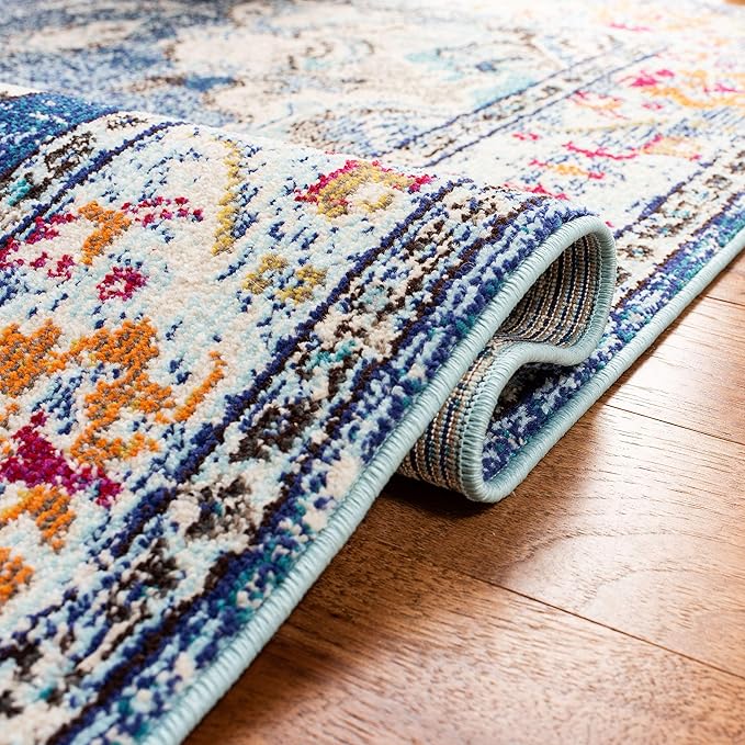 SAFAVIEH Monaco Collection Area Rug - 8'8" Square, Navy & Light Blue, Boho Chic Medallion Distressed Design, Non-Shedding & Easy Care, Ideal for High Traffic Areas in Living Room, Bedroom (MNC243N)