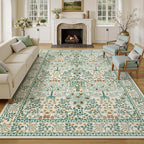 9x12 Area Rug Living Room Rug - Floral Vintage Forest Washable Carpet, Low Pile Non-Slip Stain Resistance Boho Soft Large Carpet for Bedroom, Dining Room Under Table, Farmhouse (9'x12' Beige Green)