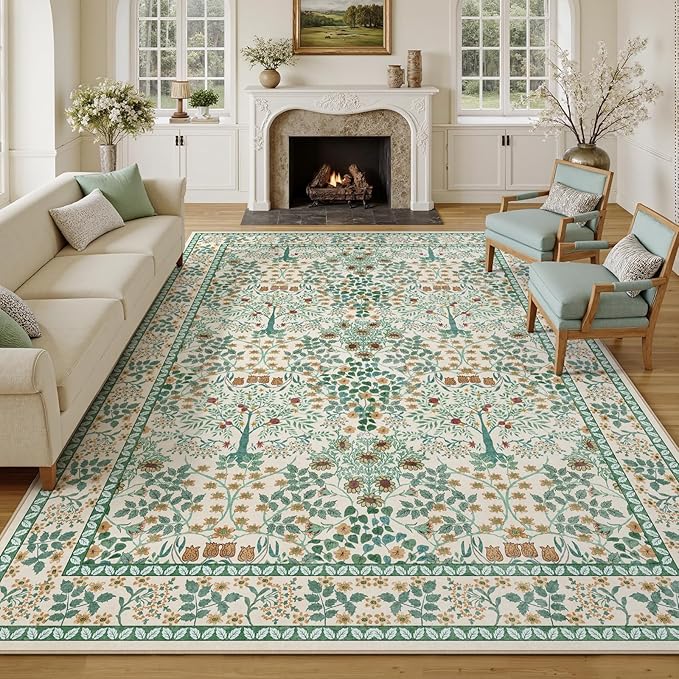 9x12 Area Rug Living Room Rug - Floral Vintage Forest Washable Carpet, Low Pile Non-Slip Stain Resistance Boho Soft Large Carpet for Bedroom, Dining Room Under Table, Farmhouse (9'x12' Beige Green)