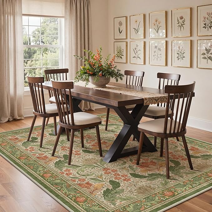 Bavni 8x10 Area Rugs for Living Room, Microfiber Machine Washable Non-Slip Vintage Floral Rug, Low Pile Lightweight Carpet for Bedroom, Dining Room, Home Office, Sage Green & Burnt Orange