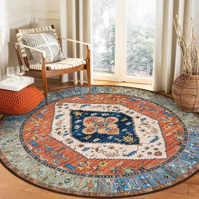 Lahome Boho Washable 4Ft Round Area Rug, Non-Slip Throw Untra-Thin Small Round Carpet, Oriental Vintage Distressed Circle Rug for Bedroom Kitchen Dining Living Room Office, 4x4/Rust