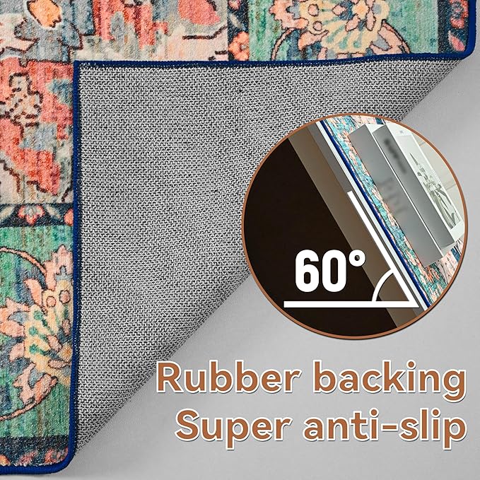 YJ.GWL Area Rugs for Living Room 8x10 Machine Washable Rugs, Non Slip Floral Vintage Rug Indoor Carpet, Stain Resistant Large Rug for Bedroom Dining Room, Red Blue Gradient Color