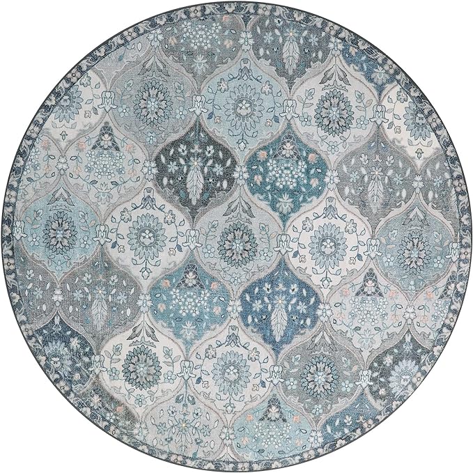 Lahome Moroccan Trellis Round Rug, 5ft, Blue, Faux Wool, Machine Wash, Non-Slip Backing, Low Pile, Floral Pattern, Area Rug for Bedroom, Living Room, Bathroom
