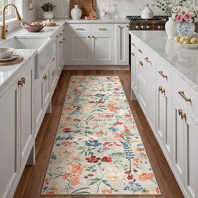 Floral Runner Rug 2x10 Washable Hallway Long Beige Bedroom Carpet Non Slip Indoor Boho Kitchen Low Pile Accent Rug Lightweight Soft for Bathroom Dining Laundry Living Room