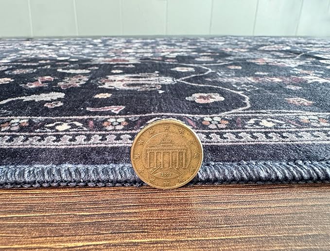 GLN Rugs Traditional Collection - Machine Washable Area Rug, Traditional Washable, Non Slip, Low Pile Chenille Rug, Living Room, Bedroom, Kitchen Rug (8' x 10' Black)