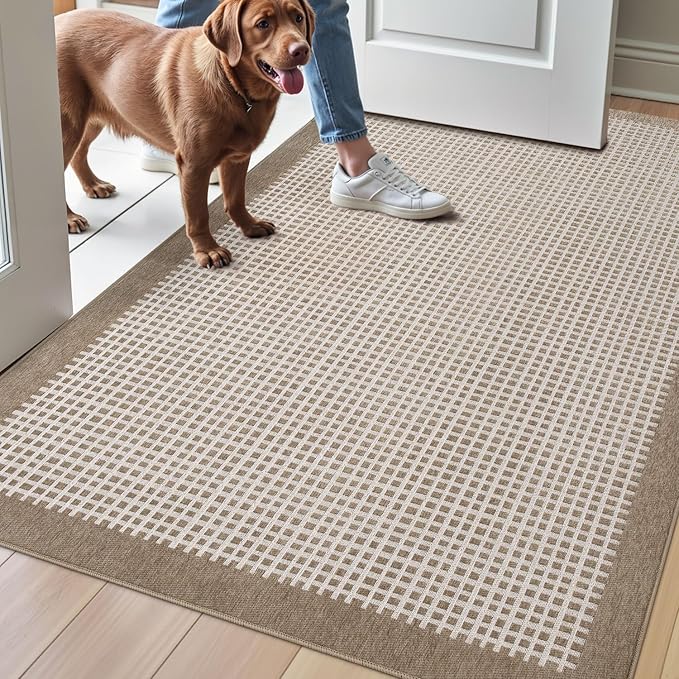 LUMI Inside Door Mat for Entry 36''x56'', Absorbent, Dirt Trapper, Low Profile Thin, Non Slip Mats with Rubber Backing, Ideal for Indoor, High Traffic, Garage, Entrance, Checkered Beige