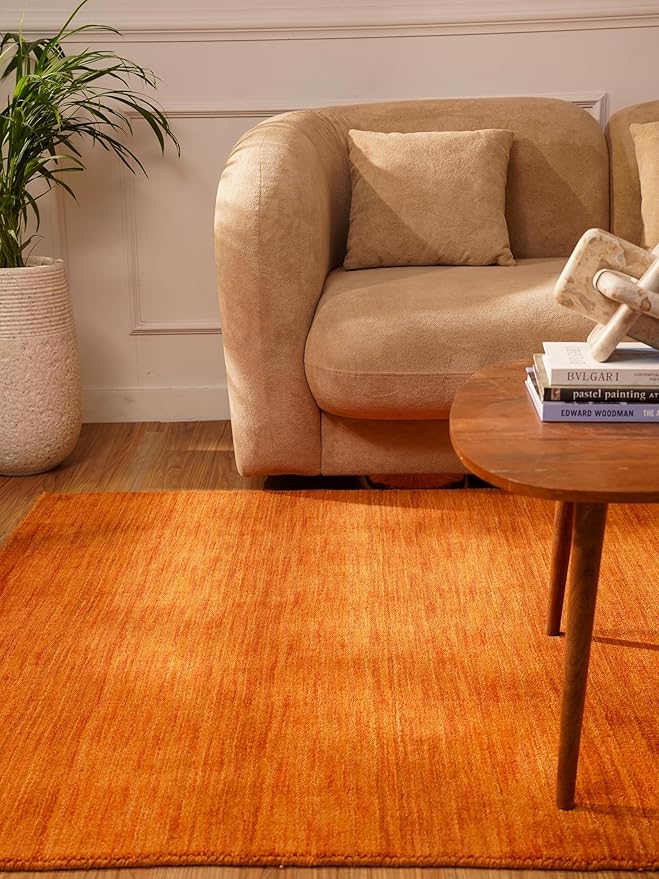 Rugsotic Carpets Hand Knotted Loom Wool ECO-Friendly Area Rugs - 6'x9', Rectangle, Orange Color, Solid Plain Design, High Pile Handmade Anti Skid Area Rugs for Living Room, Bed Room (L00111)