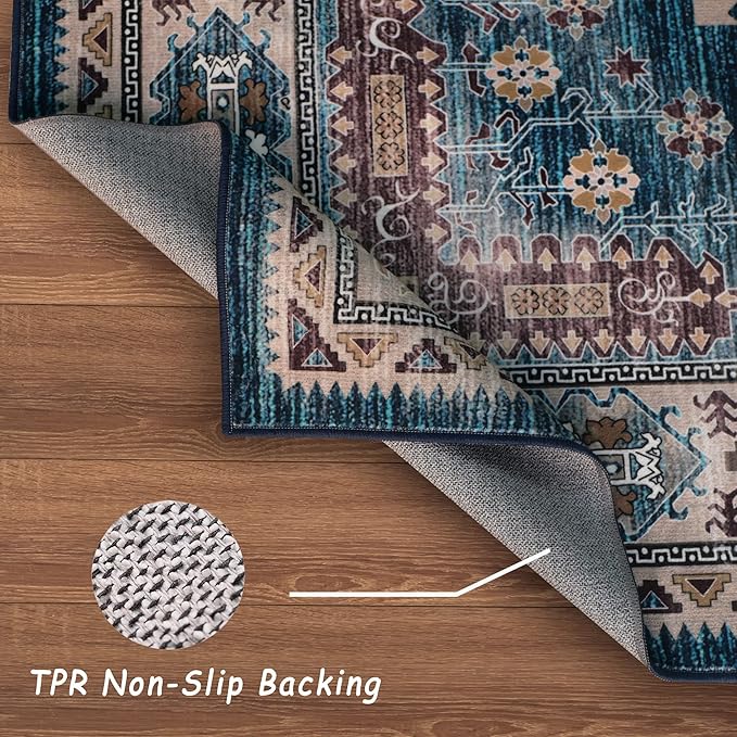 vivorug Blue 5x7 Area Rugs - Ultra-Thin Washable Rug with Non-Slip Backing, Ideal for Living Room, Bedroom, Dining Room Indoor - Vintage, Easy Clean, Durable, Low Pile Rug