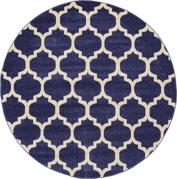 Rugs.com Lattice Collection Rug – 6 Ft Round Dark Blue Medium Rug Perfect for Kitchens, Dining Rooms