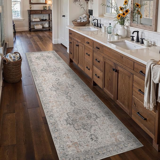 Runner Rug 2'6''x10, Non Slip Vintage Hallway Runner Rugs, Low Pile Lightweight Machine Washable Mat for Hallway, Entryway, Bedroom, Kitchen and Corridor, Light Taupe Brown