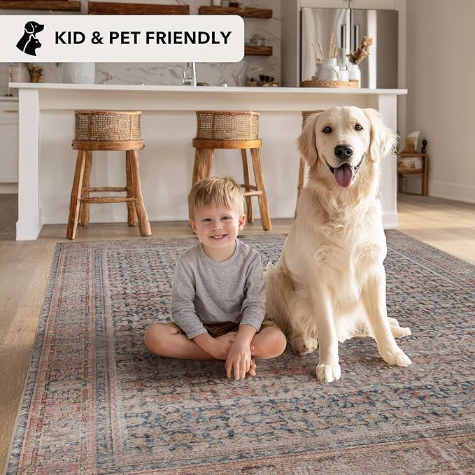 Kuden 6x9 Area Rug, Machine Washable Area Rug with Non-Slip Backing, Vintage Style, Soft, Easy Clean, Low Pile Rug for Living Room, Bedroom, Dining Room
