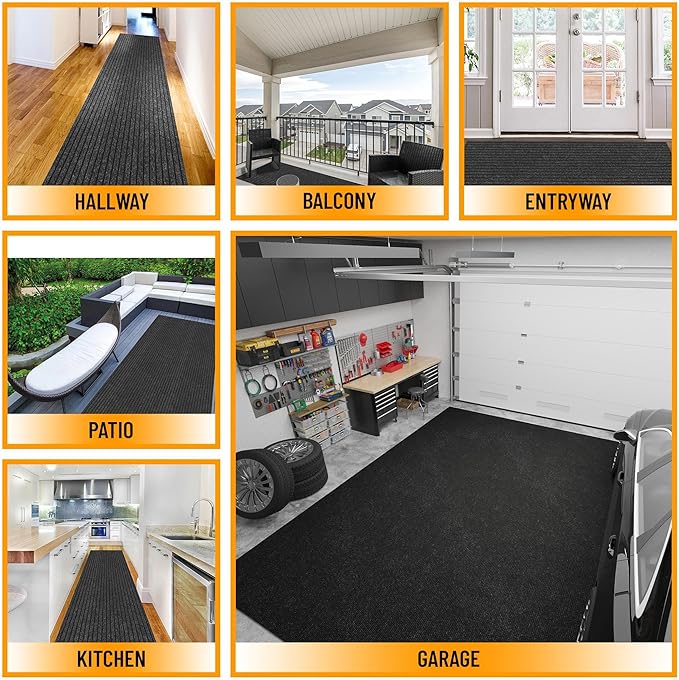 Ottomanson 2' x 11' Hallway Runner with Scraper Pile Extra Durable Non-Slip Rug Mat for Indoor & Outdoor Use - Ideal for Kitchen, Entryway, Patio & Garage - High-Traffic Carpet, Black