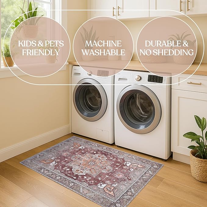 Washable Area Rug. Modern Farmhouse. Vintage. Turkish. Bohemian. Distressed. Oriental. Traditional. Rugs for Living Room. Dining. Bedroom. Office. Entryway. Foyer. (857RB, 2'5" x 4'9")