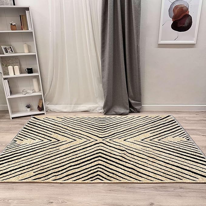 Alfa Rich 4x6 Geometric Beige Black Washable Area Rugs for Living Room Bedroom Kitchen Cotton Rug