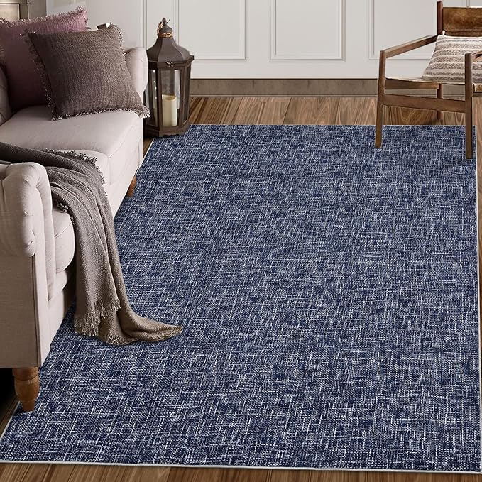 RUGSREAL 8x10 Washable Rug for Living Room Non-Slip Modern Abstract Area Rug Stain Resistant Large Bedroom Rug Contemporary Accent Throw Floor Carpet Solid Rug for Dining Room Home Decor, Blue