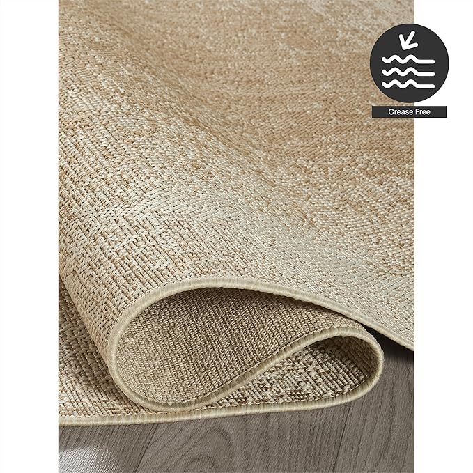 FH Home Outdoor Rug - Waterproof Easy to Clean Stain Resistant - Patio Indoor Outdoor Porch Deck Balcony Entryway - Ombre Modern - Dhruva - Beige - 5ft 2in x 7ft 6in
