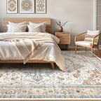 5x7 Area Rugs Living Room: Washable Boho Large Neutral Vintage Soft Rug Stain Resistant Distressed Farmhouse Non-Slip Indoor Floor Carpet for Bedroom Nursery Kids Office Dining Room- Beige Blue