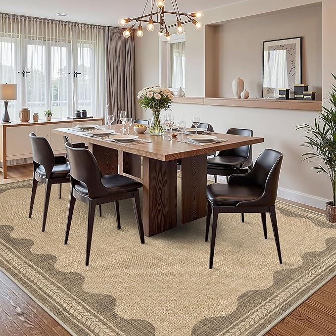 Easy Jute Rug 8x10 Outdoor Rug Scalloped Washable Rugs for Living Room Bedroom Non Slip Neutral Farmhouse Indoor Outdoor Carpet for Backyard Patio Office