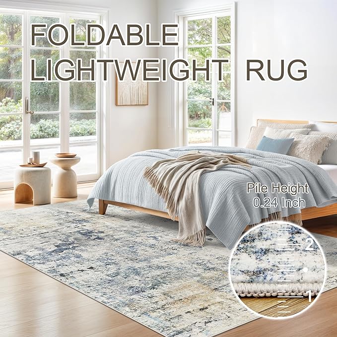 Abstract Rug 5x7 Machine Washable Area Indoor Blue Yellow Low Pile Non-Slip Foldable Thin Accent Rugs for Bedroom Living Room Dining Room