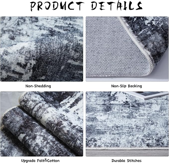 Rugcomf Area Rug 5x7 Washable Rug Boho Soft Abstract Pattern Non-Slip Faux Wool Vintage for Living Room, Bedroom, Farmhouse, Dining Room, Kids Playroom, Grey and Black