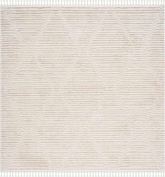 SAFAVIEH Marrakesh Collection Area Rug - 8' Square, Beige, Moroccan Boho Tribal Tassel Design, Non-Shedding & Easy Care, Ideal for High Traffic Areas in Living Room, Bedroom (MRK517C)