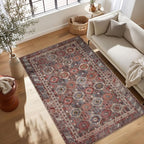 Kuden 6x9 Area Rug, Machine Washable Area Rug with Non-Slip Backing, Vintage Style, Soft, Easy Clean, Low Pile Rug for Living Room, Bedroom, Dining Room