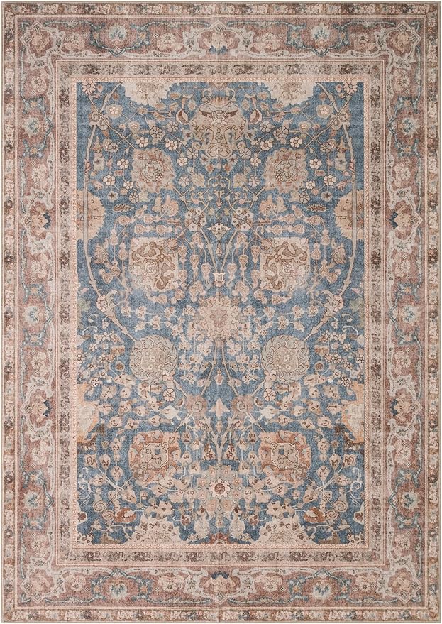 Kuden 10x14 Large Area Rug, Machine Washable Area Rug with Non-Slip Backing, Vintage Style, Soft, Easy Clean, Low Pile Rug for Living Room, Bedroom, Dining Room