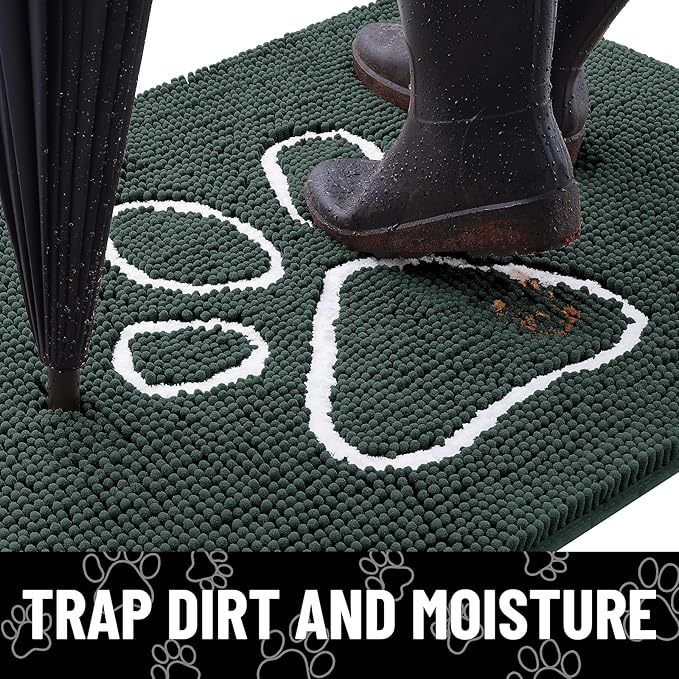 Smiry Dog Door Mat for Muddy Paws, Absorbent Dirt Trapper Non Slip Quick Dry Washable Chenille Mat for Mud Dogs, Entry Rug for Indoor and Outdoor (36x24 Inches, Green and White)
