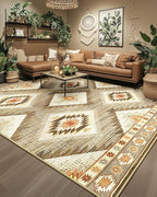 Area Rug 9x12 Rug Machine Washable Non-Slip Low Pile Print Pattern Western Rug for Living Room Bedroom Entryway Tribal Series -Cream/Camel
