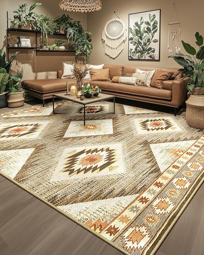 Area Rug 9x12 Rug Machine Washable Non-Slip Low Pile Print Pattern Western Rug for Living Room Bedroom Entryway Tribal Series -Cream/Camel