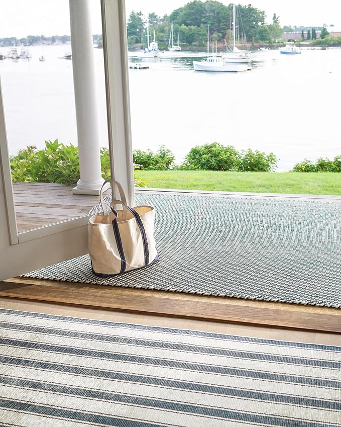 Dash & Albert Awning Stripe Blue Machine Washable Rug, 7.5 X 9.5 Feet, Blue Stripe Pattern