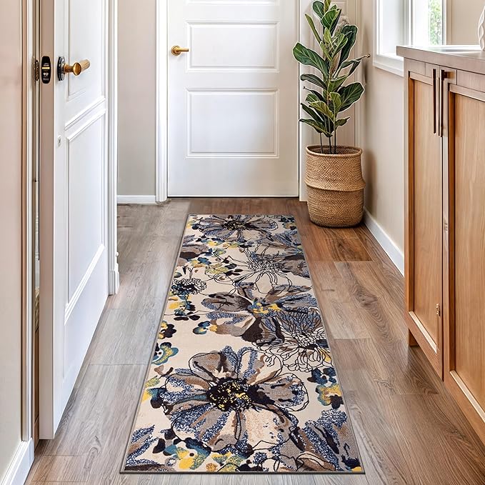 Rugshop Cream Bright Flowers Non Slip Non-Shedding Runner Rug for Hallway, Kitchen and Entryway, 2'7" x 6'