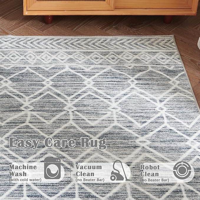 jinchan Moroccan 5x7 Area Rugs for Bedroom - Machine Washable Soft Modern Geometric Stain Resistant Non-Slip Ultra-Thin Low-Pile Faux Wool Carpet for Living Room Kitchen Dining Room (5x7ft, Grey)