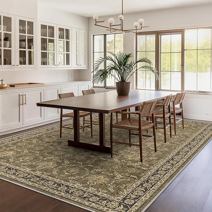 Washable Area Rug 6x9 Brown Rugs for Living Room, Vintage Boho Large Rug for Bedroom Dining Room Office, Distressed Floral Print Carpet for Under Table, Soft Non Slip Low Pile Throw Carpet Indoor Mat