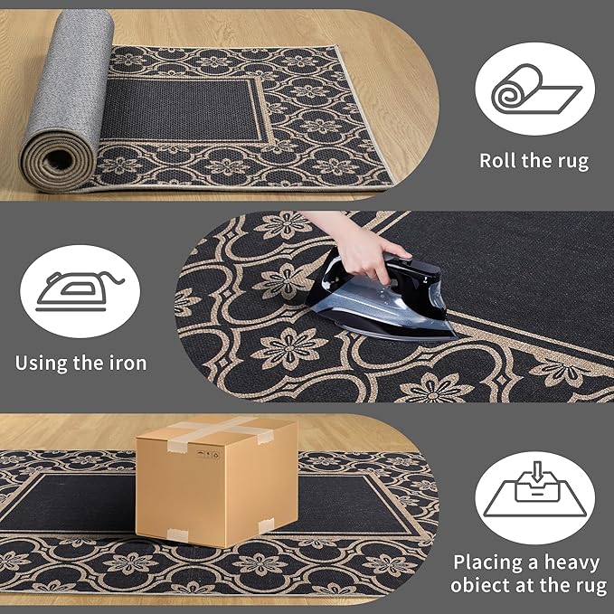 Moroccan Floral Easy Jute Rug 5x7 Outdoor Patio Rug Washable Area Rugs for Living Room Bedroom Non Slip Neutral Farmhouse Indoor Outdoor Carpet for Backyard Patio Office